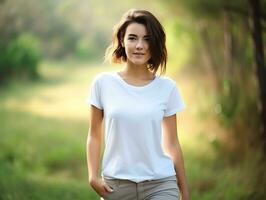 atraente jovem mulher vestindo em branco esvaziar branco camiseta brincar para Projeto modelo, ai gerado foto