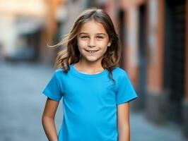 fofa pequeno menina vestindo em branco esvaziar azul camiseta brincar para Projeto modelo, ai gerado foto