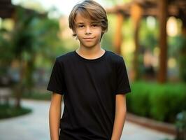 fofa Garoto vestindo em branco esvaziar Preto camiseta brincar para Projeto modelo, ai gerado foto