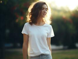 atraente jovem mulher vestindo em branco esvaziar branco camiseta brincar para Projeto modelo, ai gerado foto