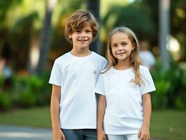 fofa irmão ou amigo, Garoto e menina vestindo em branco esvaziar branco camiseta brincar para Projeto modelo, ai gerado foto