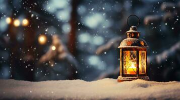 Natal lanterna luz em neve fundo com abeto ramo dentro tarde cena, ai gerado foto