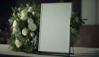 em branco esvaziar limpar \ limpo moderno Casamento quadro branco zombar acima com natural folhas e flor para decorado dentro frente do a cerimônia plano de fundo,ai gerado foto