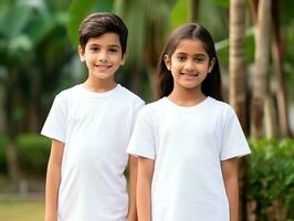 fofa irmão ou amigo, Garoto e menina vestindo em branco esvaziar branco camiseta brincar para Projeto modelo, ai gerado foto