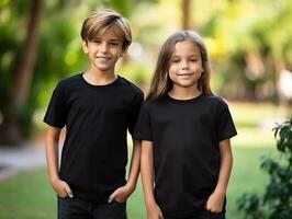 fofa irmão ou amigo, Garoto e menina vestindo em branco esvaziar Preto camiseta brincar para Projeto modelo, ai gerado foto