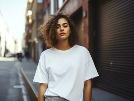 atraente jovem mulher vestindo em branco esvaziar grande demais branco camiseta brincar para Projeto modelo, ai gerado foto