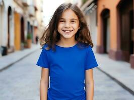 fofa pequeno menina vestindo em branco esvaziar azul camiseta brincar para Projeto modelo, ai gerado foto