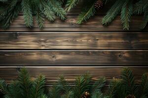 plano deitar do de madeira mesa cópia de espaço com Natal árvore galhos, ai gerado foto