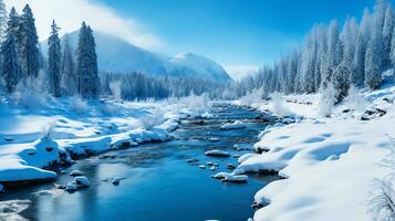 panorama do inverno montanha com rio dentro nacional parque, ai gerado foto