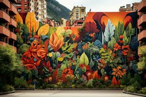 lindo mural em a parede representando natureza dentro uma cidade dentro a montanhas. gerado de artificial inteligência foto