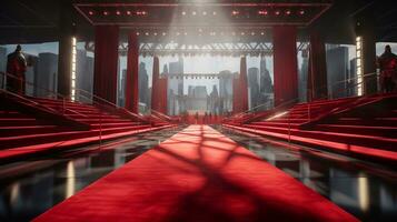 imagem do linhas do pessoas caminhando em vermelho tapete dentro teatro, filme pré estreia, etapa ou mostrar conceito generativo ai foto