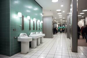 interior do moderno homens banheiro com linha do branco mictórios generativo ai foto