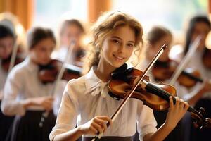 uma foto do pequeno menina jogando a violino dentro a escola orquestra. Educação conceito guitarra atividade conceito generativo ai