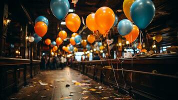 Novo anos festa decoração festivo balões, serpentinas, e sinalização, ai generativo foto