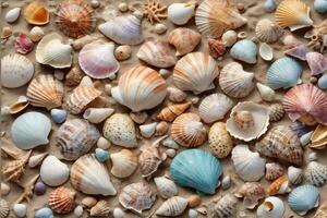 Concha do mar papel de parede, Concha do mar fundo, Concha do mar em de praia areia, ai generativo foto