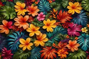 colorida tropical folhas e flores, tropical flor fundo, exótico folhas fundo, tropical flor papel de parede, ai generativo foto