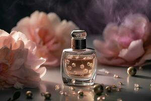 perfume dentro uma vidro garrafa em a mesa com flores em fundo dentro a estilo do uma comercial foto. ai gerado ilustração. foto