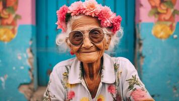 elegante retrato do a idosos mulher vestindo oculos de sol, ai generativo foto