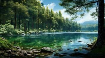 natureza azul lago árvore panorama ai gerado foto
