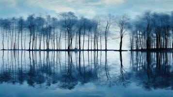 reflexão azul lago árvore panorama ai gerado foto