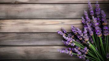 lavanda Flor em madeira fundo com cópia de espaço, ai generativo foto