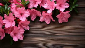 azálea rododendro em madeira fundo com cópia de espaço, ai generativo foto