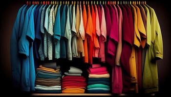 multi colori vestuário suspensão em cabides dentro boutique loja gerado de ai foto