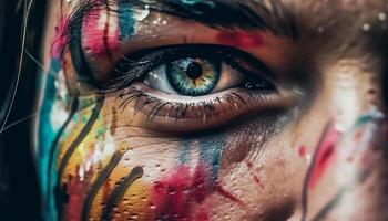 vibrante cores em jovem mulher olho Maquiagem gerado de ai foto
