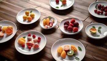 fresco fruta salada exibido em de madeira mesa gerado de ai foto