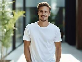 atraente caucasiano homem vestindo em branco esvaziar branco camiseta brincar para Projeto modelo, ai gerado foto