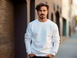 jovem homem vestindo em branco esvaziar branco camiseta grandes mangas suéter brincar para Projeto modelo, ai gerado foto