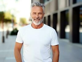 saudável Senior homem vestindo em branco esvaziar branco camiseta brincar para Projeto modelo, ai gerado foto