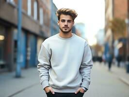 jovem homem vestindo em branco esvaziar cinzento camiseta grandes mangas suéter brincar para Projeto modelo, ai gerado foto