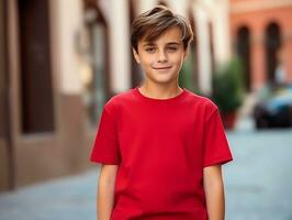 fofa Garoto vestindo em branco esvaziar vermelho camiseta brincar para Projeto modelo, ai gerado foto