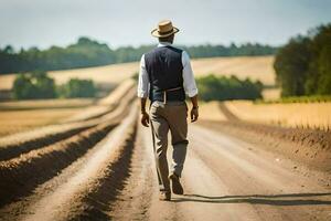 uma homem dentro uma chapéu e colete caminhando baixa uma sujeira estrada. gerado por IA foto