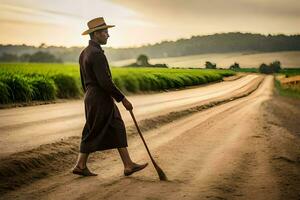uma homem caminhando baixa uma sujeira estrada com uma vassoura. gerado por IA foto