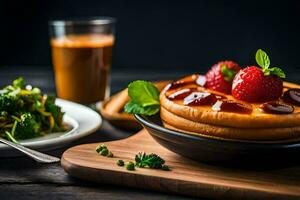 uma prato do panquecas com morangos e uma vidro do suco. gerado por IA foto