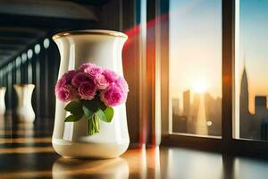 uma vaso com Rosa rosas sentado em uma mesa dentro frente do uma paisagem urbana. gerado por IA foto