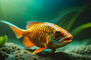 a laranja peixe com uma brilhante azul fundo. gerado por IA foto