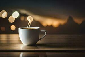 uma copo do café em uma de madeira mesa com borrado luzes. gerado por IA foto