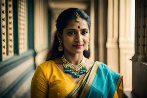 uma mulher dentro uma amarelo sari e ouro joia. gerado por IA foto