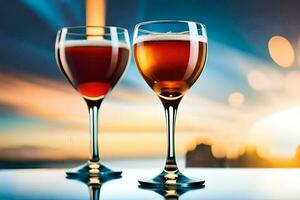 dois óculos do vinho em uma mesa com uma pôr do sol dentro a fundo. gerado por IA foto