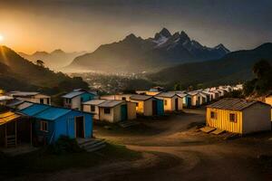 a Sol conjuntos sobre uma Vila do cabanas dentro a montanhas. gerado por IA foto