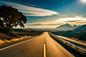 uma estrada com uma carro dirigindo baixa isto. gerado por IA foto