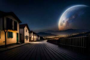 foto papel de parede a céu, noite, lua, casas, a cidade, a lua, a céu. gerado por IA