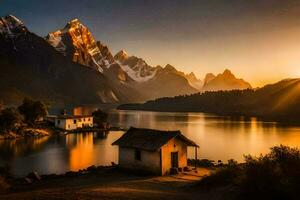 a Sol sobe sobre a montanhas e a lago. gerado por IA foto