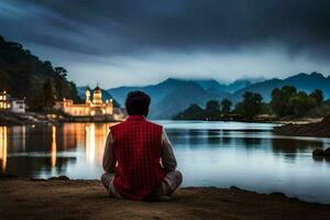 uma homem sentado em a costa do uma lago às noite. gerado por IA foto