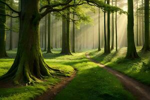 uma caminho através uma verde floresta com árvores gerado por IA foto