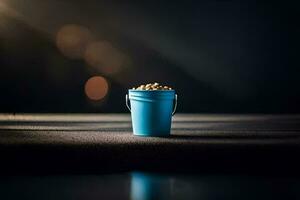 uma azul balde com amendoim sentado em uma mesa. gerado por IA foto