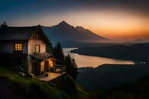uma casa em a lado do uma montanha negligenciar uma lago. gerado por IA foto